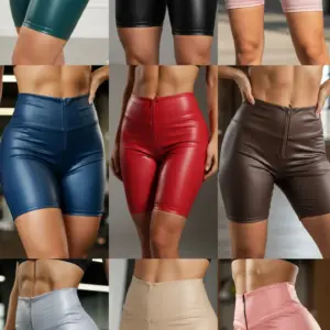 Pack de 12 bikers de cuero sintético con cierre frontal para mujer en diversos colores como verde, negro, rosa, azul, rojo y marrón.